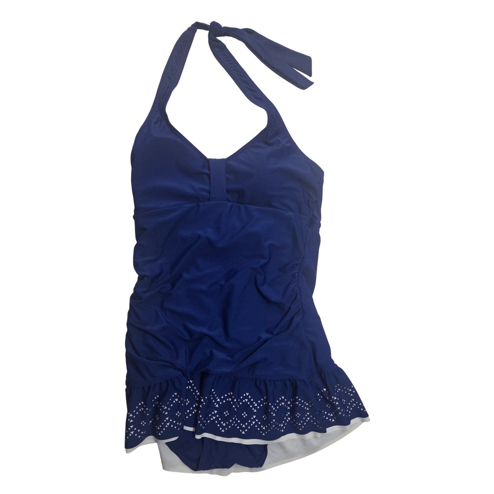 Croft & Barrow Fit For You Blue Laser Cut Eyelet Swimdress Halter Swimsuit 12‎